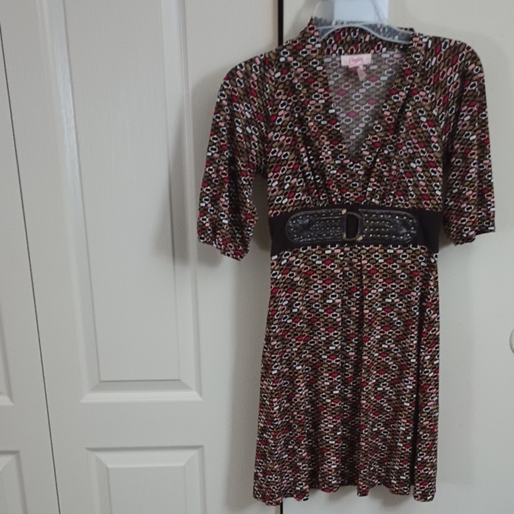 Candie's Black and Red Patterned Mini Dress Belted Waist Size S Professional